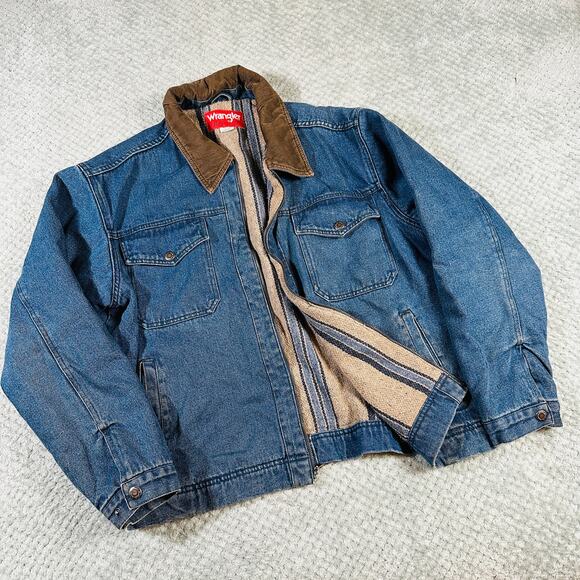 WRANGLER HERO Striped Blanket Lined Cord Collar Chore Denim Jean Jacket Barn - Picture 1 of 7